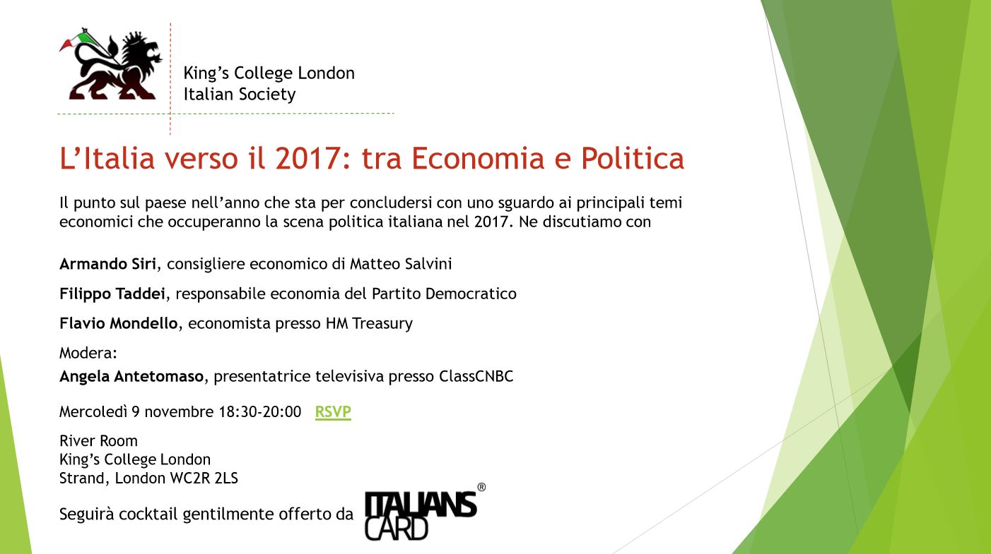 “L’Italia verso il 2017: tra Economia e Politica”, appuntamento a Londra