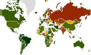 La mappa del voto estero: il verde sono i Sì, il rosso i No.
