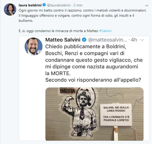 Laura Boldrini, “condanno le minacce di morte a Salvini”
