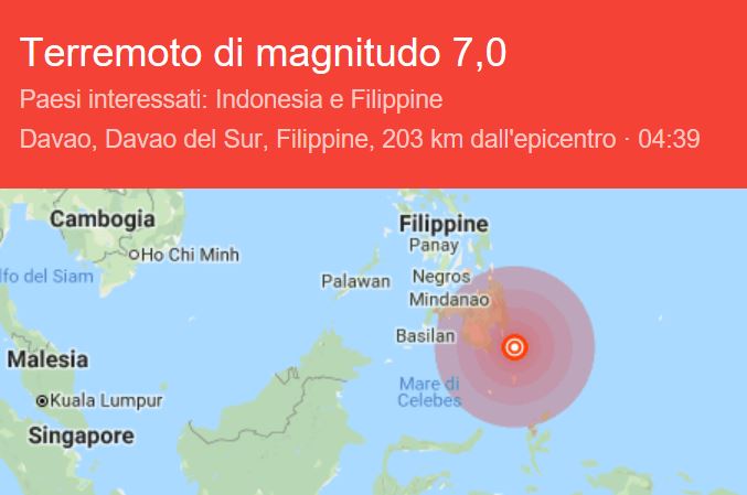 Terremoto nelle Filippine, magnitudo 7.0 | Rientrato allarme tsunami