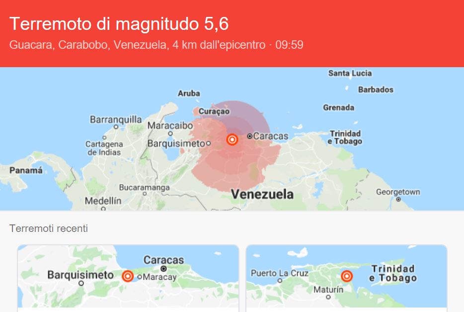 Terremoto in Venezuela, forte scossa di magnitudo 5.6 avvertita anche a Caracas