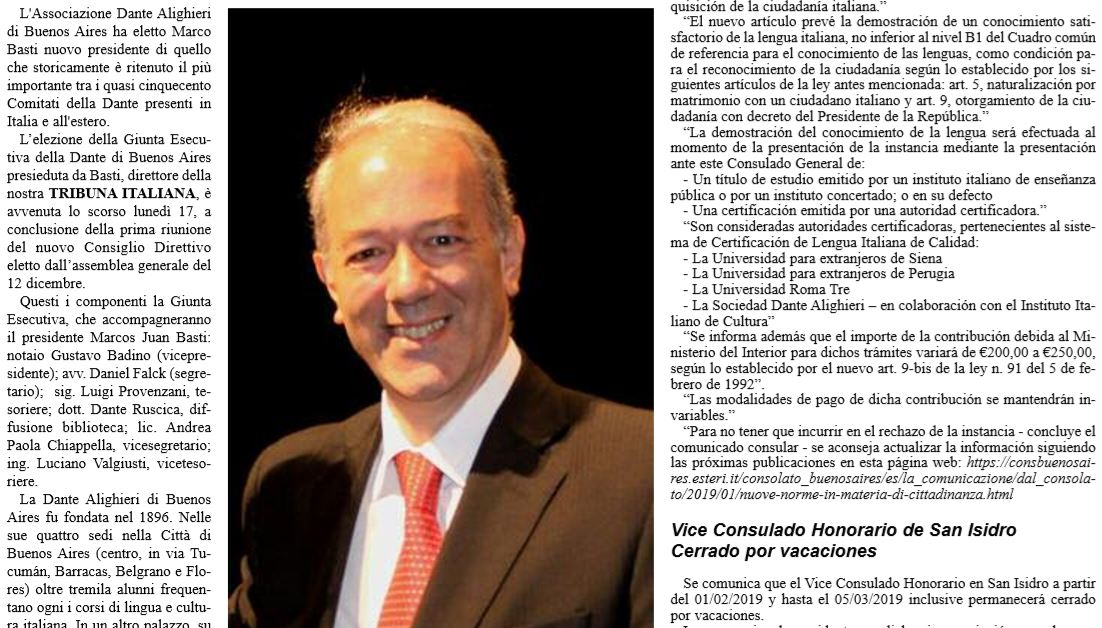 Italiani in Argentina, Marco Basti eletto presidente della Dante di Buenos Aires