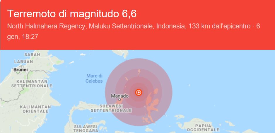 Fortissimo terremoto in Indonesia, magnitudo 6.6