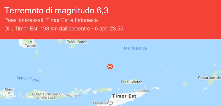 Terremoto al largo dell’Indonesia, magnitudo 6.2