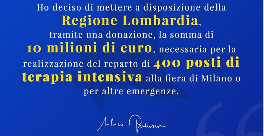 CORONAVIRUS | Berlusconi dona 10 milioni di euro per l’ospedale in Fiera Milano [VIDEO]