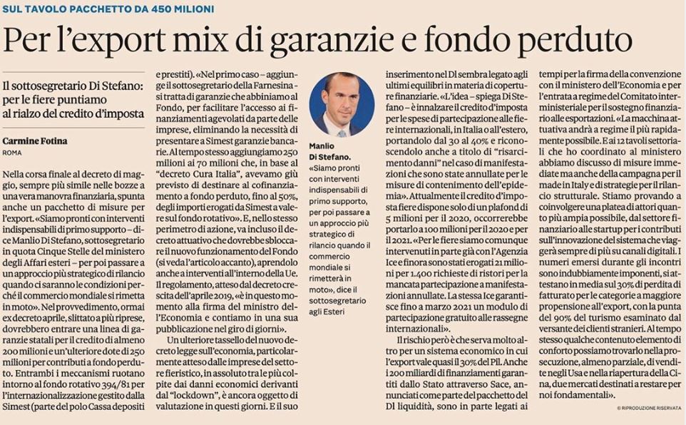 IMPRESE | Sottosegretario Di Stefano: per l’export mix di garanzie e fondo perduto