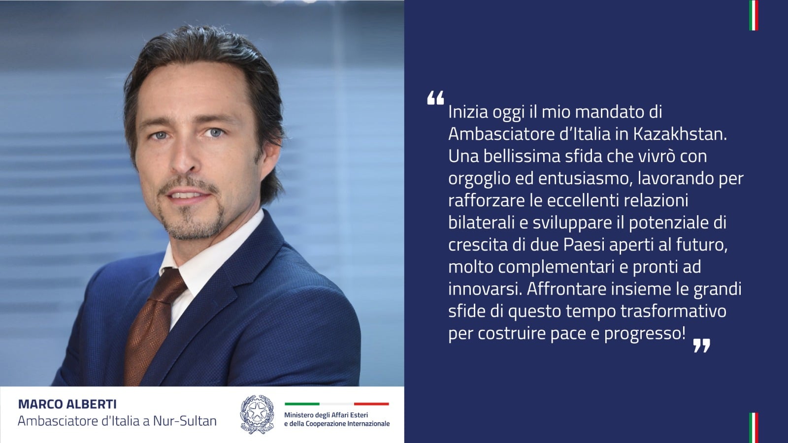FARNESINA | Marco Alberti nuovo ambasciatore d’Italia a Nur-Sultan, Kazakistan