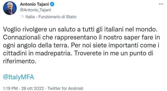 Il tweet di Antonio Tajani, in cui il ministro degli Esteri si rivolge agli italiani nel mondo