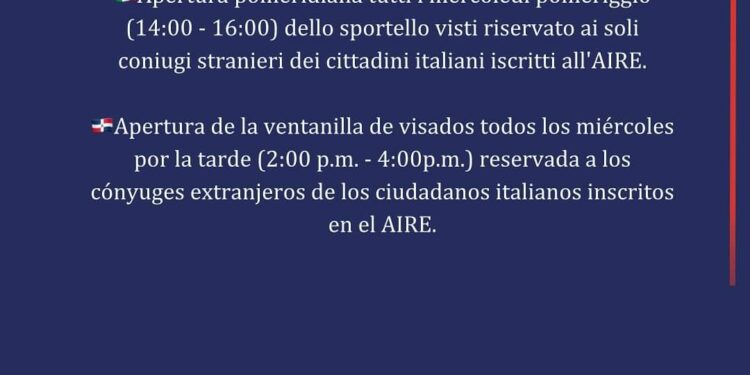 AMBASCIATA D’ITALIA A SANTO DOMINGO | Mercoledì sportello visti riservato a coniugi stranieri di italiani AIRE